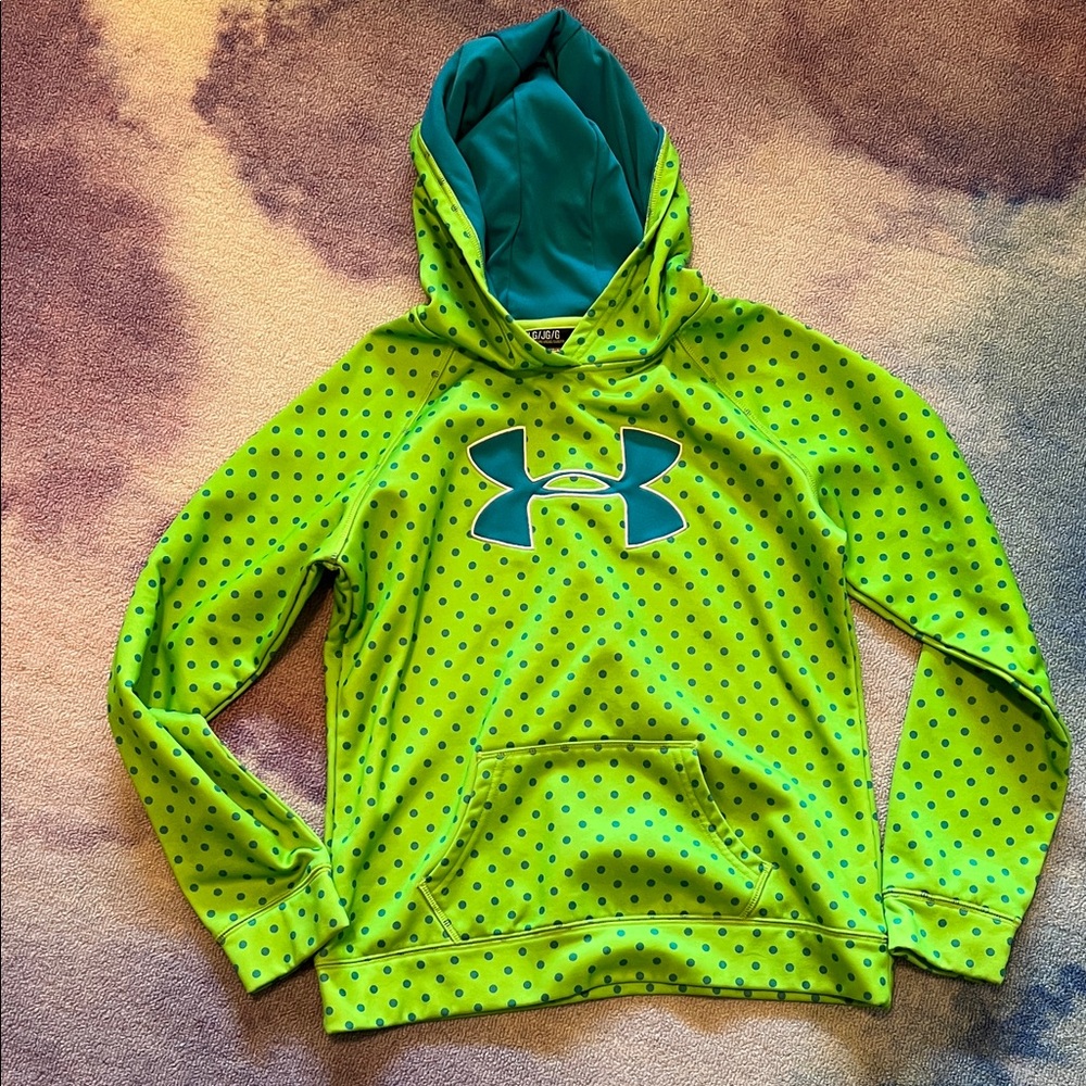 Girls Under Armour Neon Green Hoodie with Blue Dots. Size youth large.